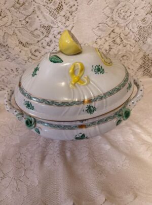 oversized green Chinese bouquet tureen which has a raised lemon finial