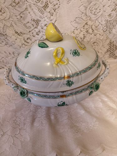 oversized green Chinese bouquet tureen which has a raised lemon finial