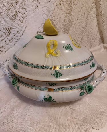 oversized green Chinese bouquet tureen which has a raised lemon finial oversized green Chinese bouquet tureen which has a raised lemon finial