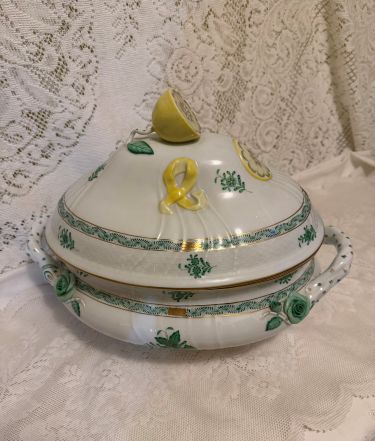 oversized green Chinese bouquet tureen which has a raised lemon finial oversized green Chinese bouquet tureen which has a raised lemon finial