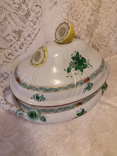 Oversized green Chinese bouquet tureen which has a raised lemon finial Oversized green Chinese bouquet tureen which has a raised lemon finial