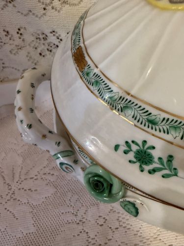 Oversized green Chinese bouquet tureen which has a raised lemon finial Oversized green Chinese bouquet tureen which has a raised lemon finial