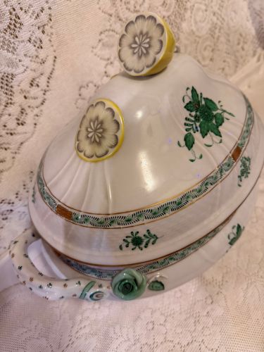 Oversized green Chinese bouquet tureen which has a raised lemon finial Oversized green Chinese bouquet tureen which has a raised lemon finial