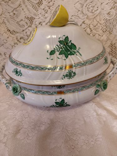 Oversized green Chinese bouquet tureen which has a raised lemon finial Oversized green Chinese bouquet tureen which has a raised lemon finial