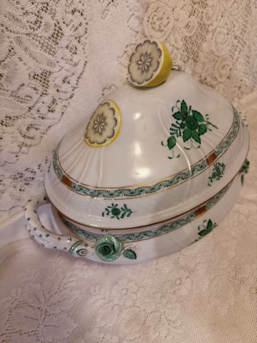 Oversized green Chinese bouquet tureen which has a raised lemon finial Oversized green Chinese bouquet tureen which has a raised lemon finial