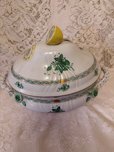 Oversized green Chinese bouquet tureen which has a raised lemon finial Oversized green Chinese bouquet tureen which has a raised lemon finial