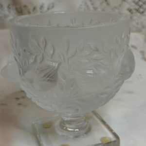Iridescent Lalique vase with raised birds and leaves on all the sides of this vase