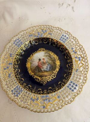 Meissen Cobalt Plate with a Reticulated Border with Raised Forget-Me-Nots and a Painting of a Scene of Lovers
