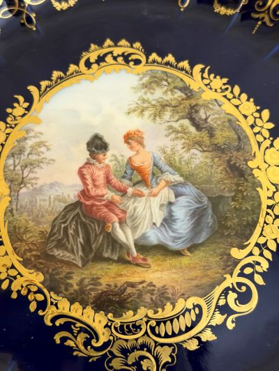 Meissen Cobalt Plate with a Reticulated Border with Raised Forget-Me-Nots and a Painting of a Scene of Lovers Meissen Cobalt Plate with a Reticulated Border with Raised Forget-Me-Nots and a Painting of a Scene of Lovers
