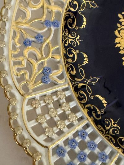 Meissen Cobalt Plate with a Reticulated Border with Raised Forget-Me-Nots and a Painting of a Scene of Lovers Meissen Cobalt Plate with a Reticulated Border with Raised Forget-Me-Nots and a Painting of a Scene of Lovers