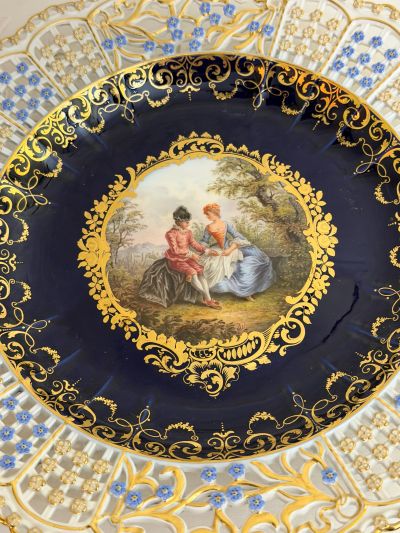 Meissen Cobalt Plate with a Reticulated Border with Raised Forget-Me-Nots and a Painting of a Scene of Lovers Meissen Cobalt Plate with a Reticulated Border with Raised Forget-Me-Nots and a Painting of a Scene of Lovers