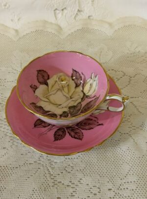 Pink Paragon Cup and Saucer with a White Cabbage Rose