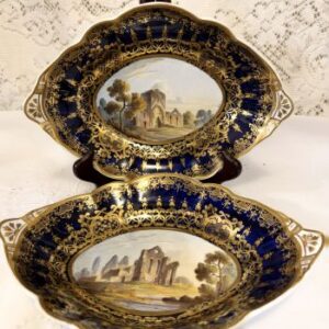 Pair of cobalt Spode hand-painted scenic bowls