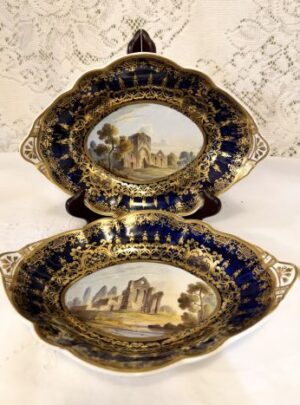 Pair of cobalt Spode hand-painted scenic bowls