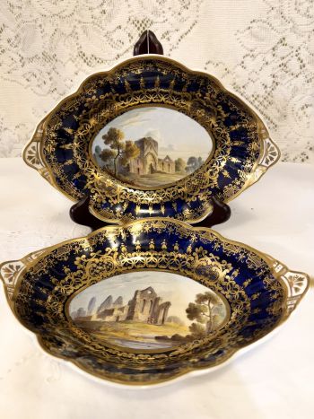 Pair of cobalt Spode hand-painted scenic bowls