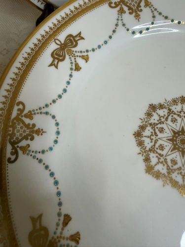 set of 11 Copeland Spode dessert plates which have a border of garlands of aqua enamel jewels and gold bows set of 11 Copeland Spode dessert plates which have a border of garlands of aqua enamel jewels and gold bows