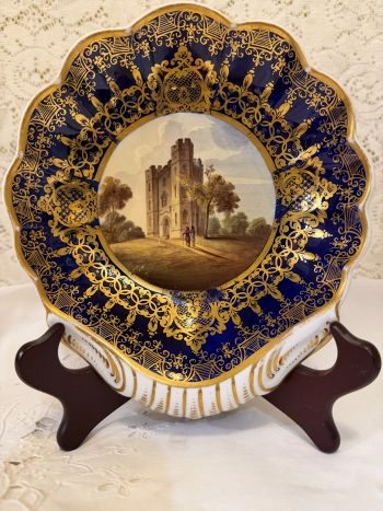Pair of cobalt Spode hand-painted scenic bowls