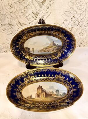 Pair of oval Spode Scenic Bowls with Paintings of an Abbey and a Castle