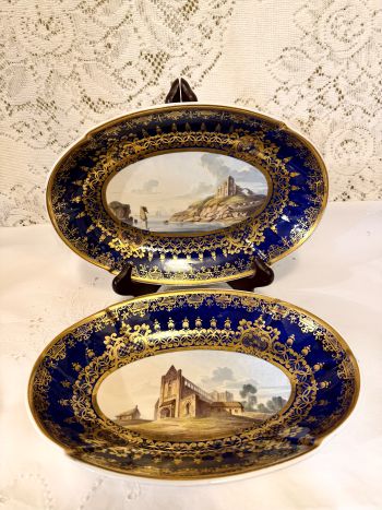 Pair of oval Spode Scenic Bowls with Paintings of an Abbey and a Castle