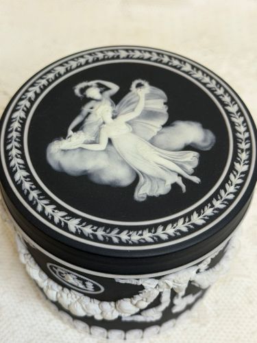 Wedgwood Black and White Jasperware Covered Box with Magnificent Applique