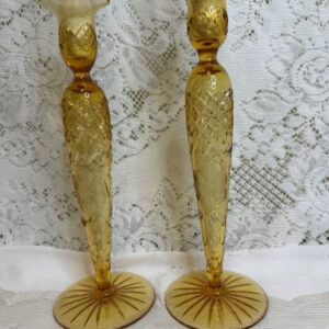 Pair of Amber Wheel Cut Tall Candlesticks Attributed to the Pairpoint Glass Manufactory
