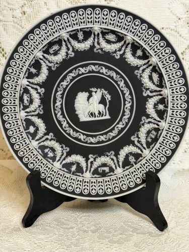 Wedgwood Black and White Jasperware Cabinet Plate with Intricate Applique Wedgwood Black and White Jasperware Cabinet Plate with Intricate Applique