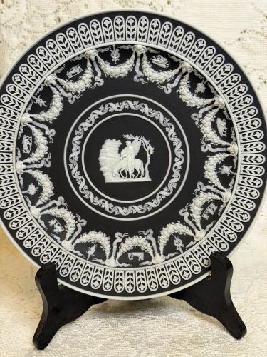 Wedgwood Black and White Jasperware Cabinet Plate with Intricate Applique Wedgwood Black and White Jasperware Cabinet Plate with Intricate Applique