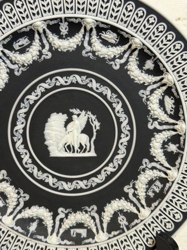 Wedgwood Black and White Jasperware Cabinet Plate with Intricate White Relief Wedgwood Black and White Jasperware Cabinet Plate with Intricate White Relief