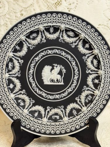 Wedgwood Black and White Jasperware Cabinet Plate with Intricate White Relief Wedgwood Black and White Jasperware Cabinet Plate with Intricate White Relief