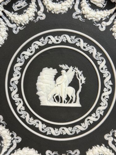Wedgwood Black and White Jasperware Cabinet Plate with Intricate White Relief Wedgwood Black and White Jasperware Cabinet Plate with Intricate White Relief