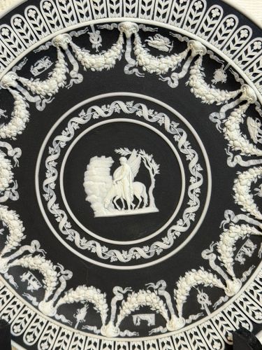 Wedgwood Black and White Jasperware Cabinet Plate with Intricate Applique Wedgwood Black and White Jasperware Cabinet Plate with Intricate Applique
