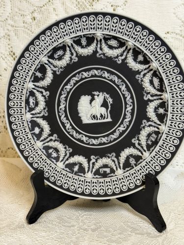 Wedgwood Black and White Jasperware Cabinet Plate with Intricate Applique Wedgwood Black and White Jasperware Cabinet Plate with Intricate Applique