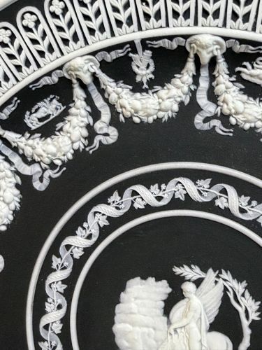 Wedgwood Black and White Jasperware Cabinet Plate with Intricate Applique Wedgwood Black and White Jasperware Cabinet Plate with Intricate Applique