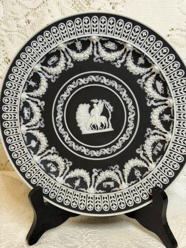 Wedgwood Black and White Jasperware Cabinet Plate with Intricate Applique Wedgwood Black and White Jasperware Cabinet Plate with Intricate Applique