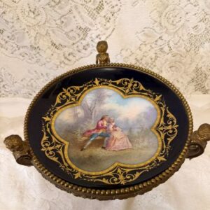 Paris Porcelain Cobalt Centerpiece Hand-Painted with Lovers and Raised Bronze Figural Decorations
