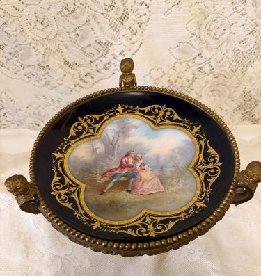 Paris Porcelain Cobalt Centerpiece Hand-Painted with Lovers and Raised Bronze Figural Decorations