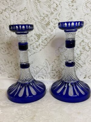 Pair of Val Saint Lambert cobalt candlesticks