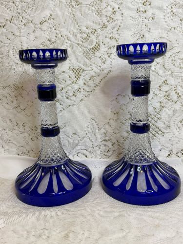 Pair of Val Saint Lambert cobalt candlesticks