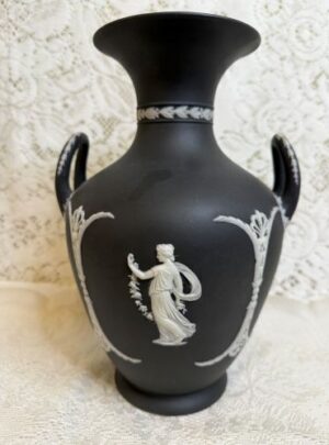 Antique black and white Wedgwood jasperware vase with applique of four beautiful ladies