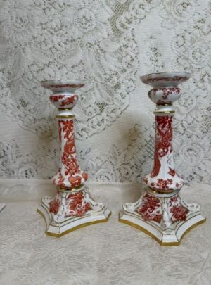 Stunning pair of Royal Crown Derby Red Aves candlesticks