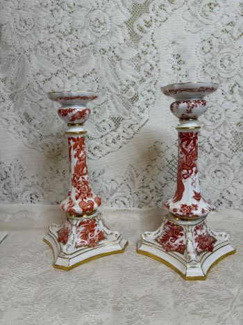 Stunning pair of Royal Crown Derby Red Aves candlesticks