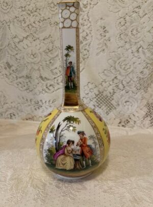 Tall Helena Wolfson Dresden urn with alternating hand-painted figural and flower bouquet motif