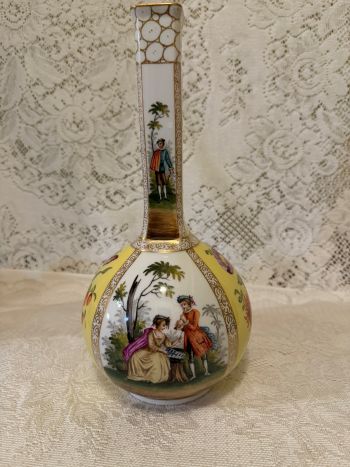 Tall Helena Wolfson Dresden urn with alternating hand-painted figural and flower bouquet motif