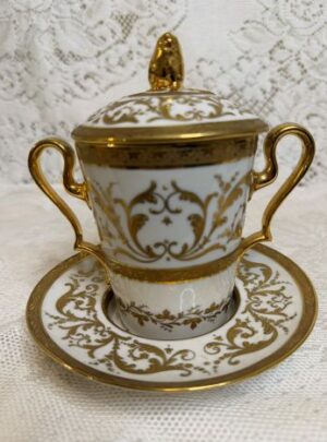 Rare Le Tallec Paris covered cup and saucer featuring two handles