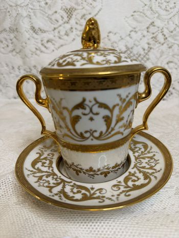 Rare Le Tallec Paris covered cup and saucer featuring two handles