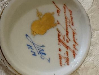 Rare Le Tallec Paris covered cup and saucer featuring two handles Rare Le Tallec Paris covered cup and saucer featuring two handles
