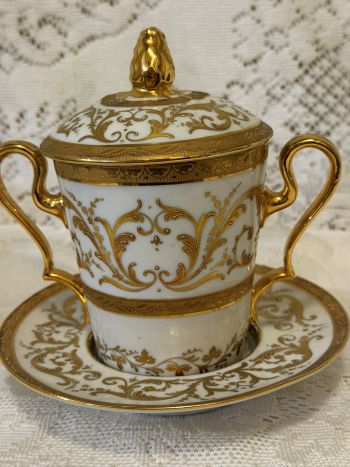 Rare Le Tallec Paris covered cup and saucer featuring two handles Rare Le Tallec Paris covered cup and saucer featuring two handles