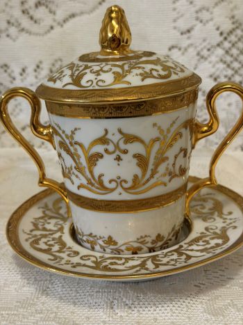 Rare Le Tallec Paris covered cup and saucer featuring two handles Rare Le Tallec Paris covered cup and saucer featuring two handles