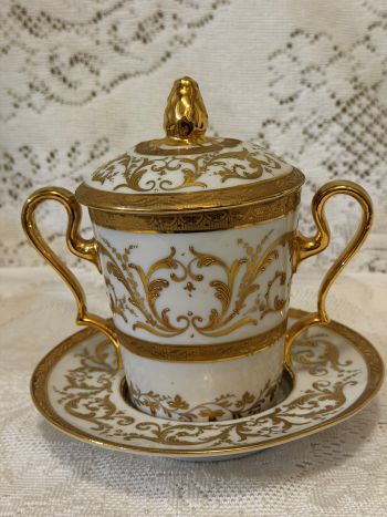 Rare Le Tallec Paris covered cup and saucer featuring two handles Rare Le Tallec Paris covered cup and saucer featuring two handles