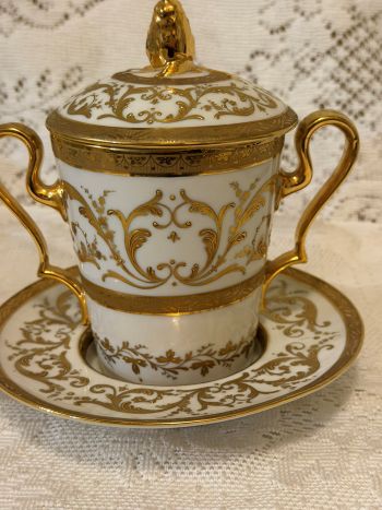 Rare Le Tallec Paris covered cup and saucer featuring two handles Rare Le Tallec Paris covered cup and saucer featuring two handles